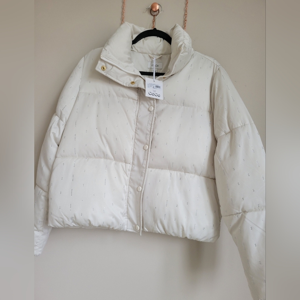CeCe Ivory Rhinestone Puffer Jacket Size Small - Picture 2 of 15